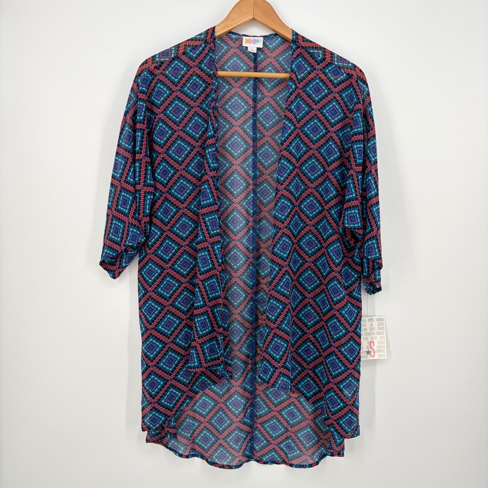 LuLaRoe Lindsay Kimono Cardigan Geometric Diamond Print Boho Blue Pink Small